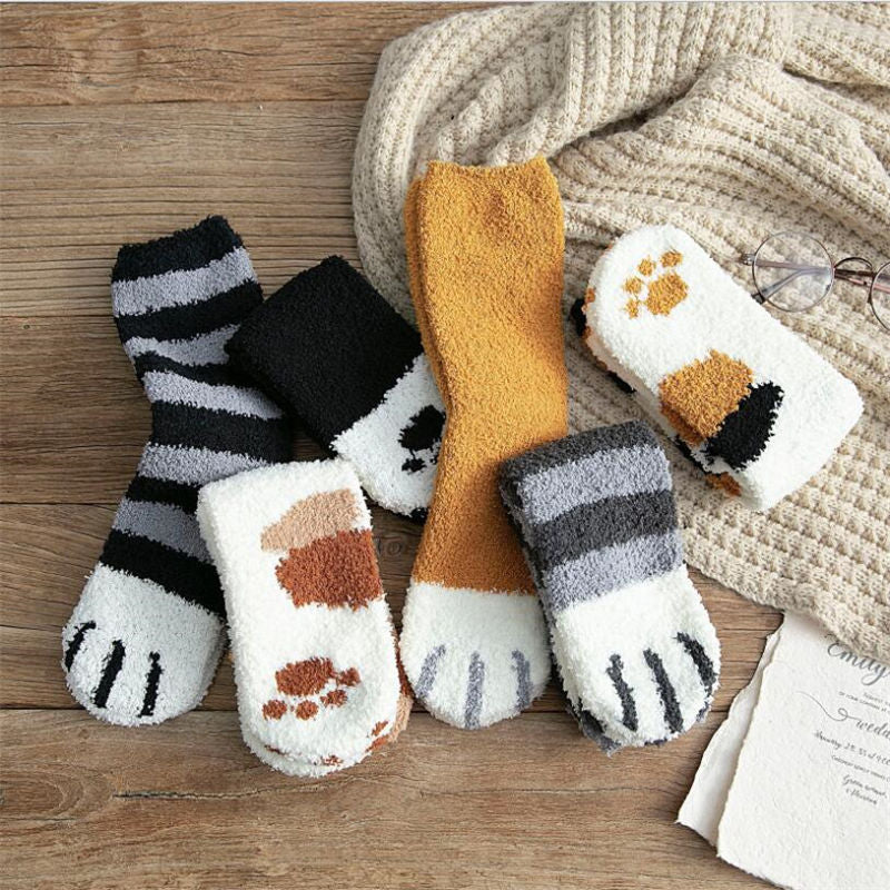 Plush Fleece Tube Socks Cute Cat Claw Pattern