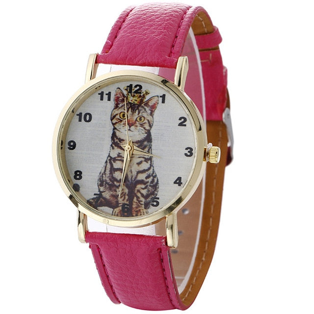 Fashion Girl's Quartz Watch / Leather Band, Cat Pattern